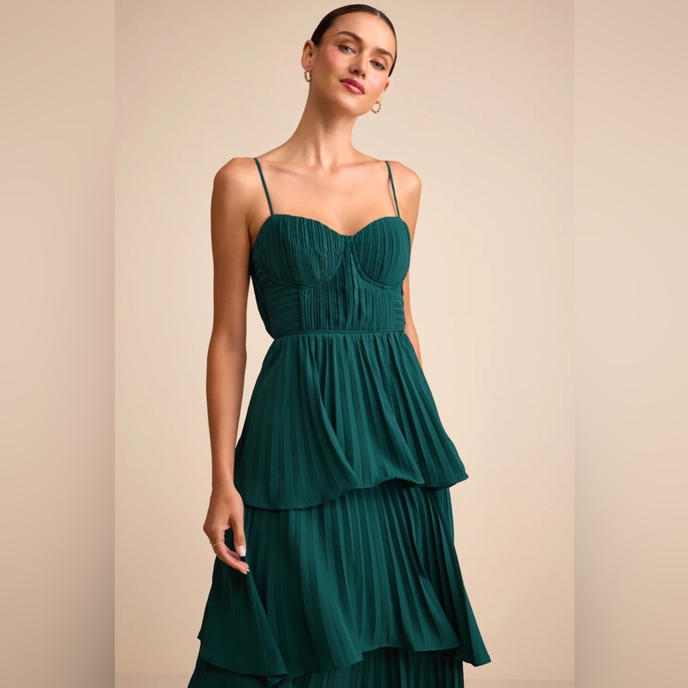 Lulu's Cascading Crush Emerald Tiered Bustier Midi Dress - Picture 5 of 15